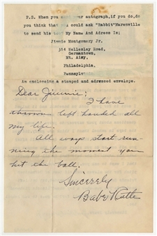 Amazing Babe Ruth Handwritten and Signed Letter With Great Baseball Content to a Young Fan (JSA)